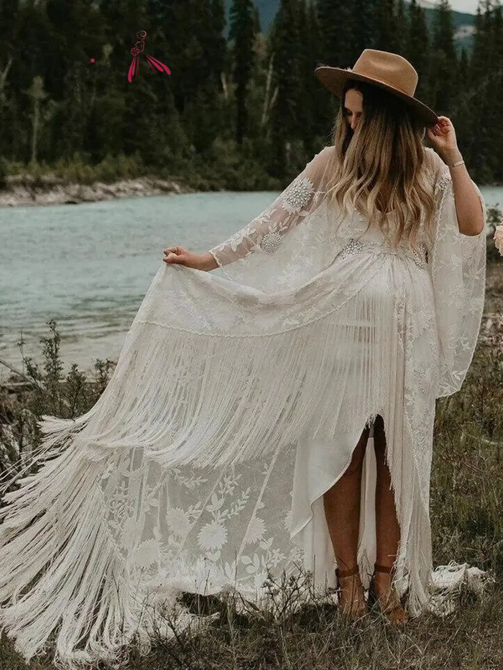 

2022 2 in 1 Boho Wrapped Tassel Wedding Dress Open Back Lace A-Line Beach Bridal Gown Court Train Celebrity Dresses Custom Made