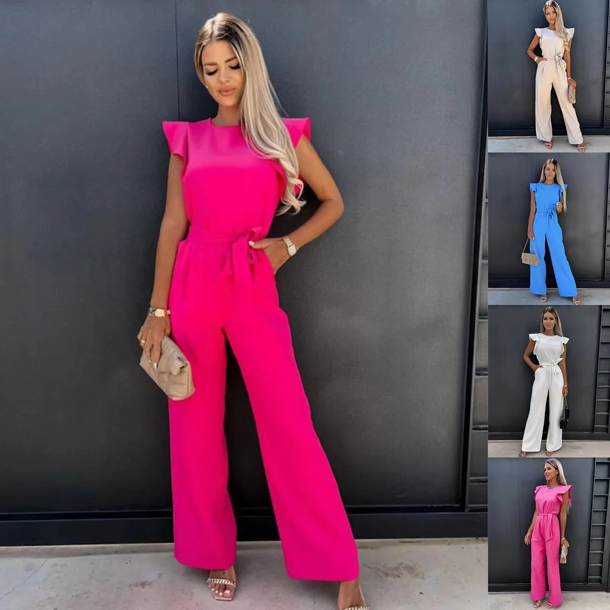 

Fashion Wide Leg Pant Jumpsuit Women Summer Casual Ruffle Sleeveless Jumpsuits Office Ladies Solid Color Straight Pants Suits