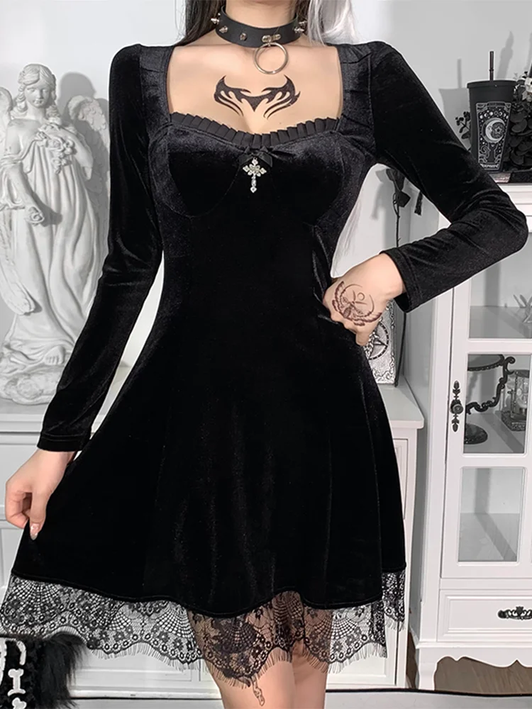 Женское бархатное платье с длинным рукавом высокой талией