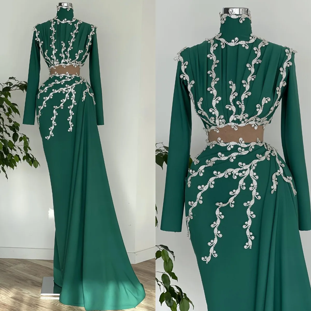 

Арабское зеленое вечернее платье с высоким воротником, украшенное бисером, кристаллами, с длинным рукавом, официальное платье русалки для в...