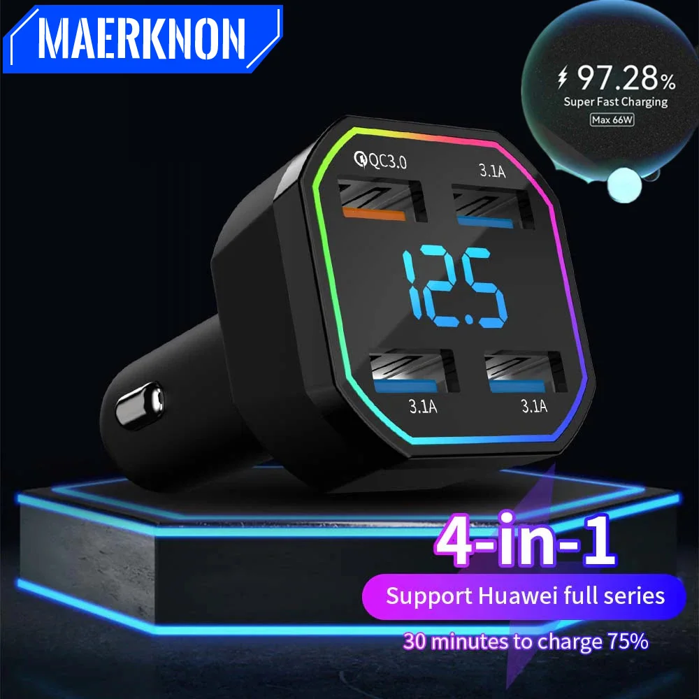 

66W 4 Ports Fast Charging USB Car Charger Portable QC3.0 For iPhone 14 Huawei Sumsung Xiaomi Heat-resistant mobile phone adapter