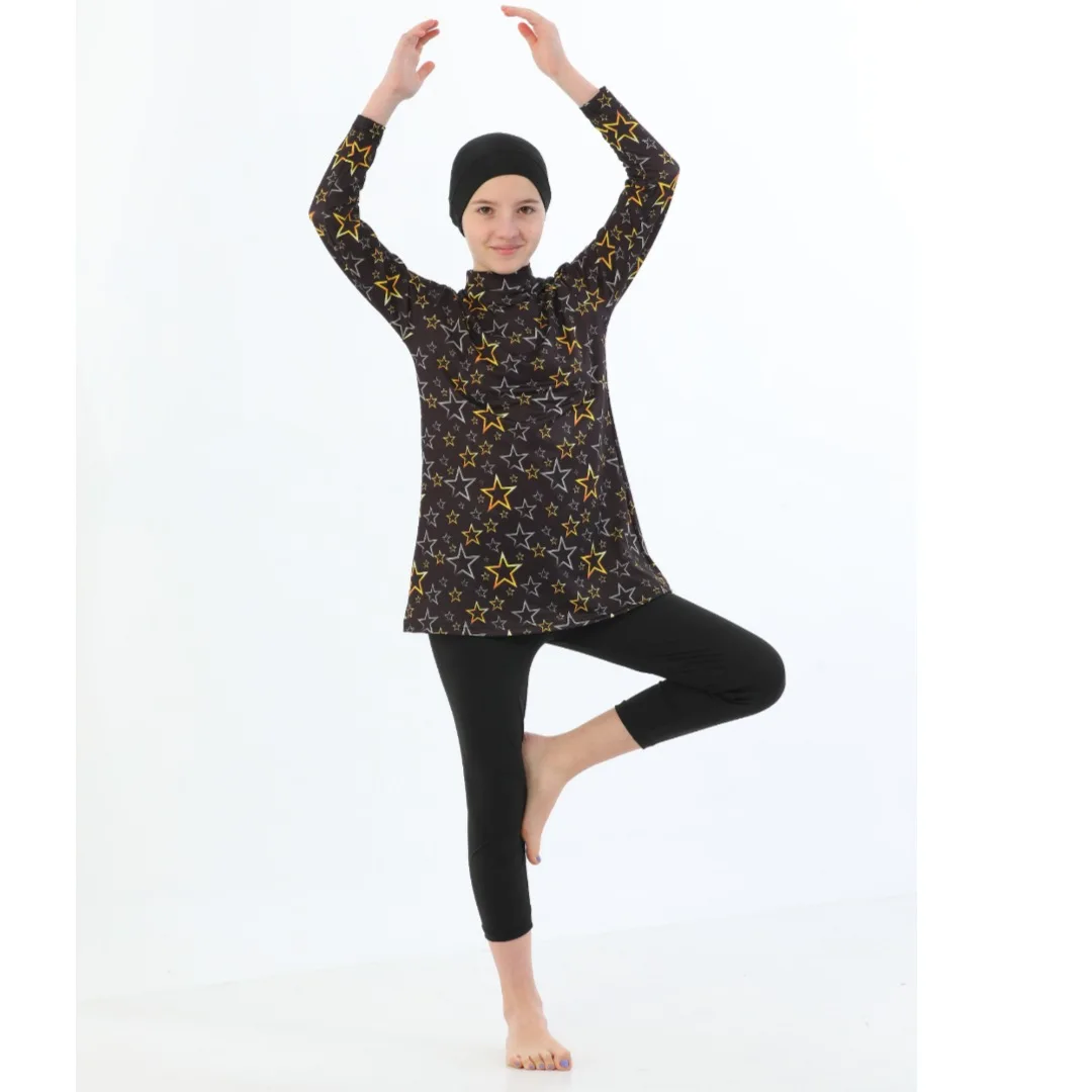 

Мусульманские купальники для девочек, мусульманские Детские купальники из трех частей с длинными рукавами, с принтом, с полным покрытием, консервативный хиджаб, купальник Burkini с брюками