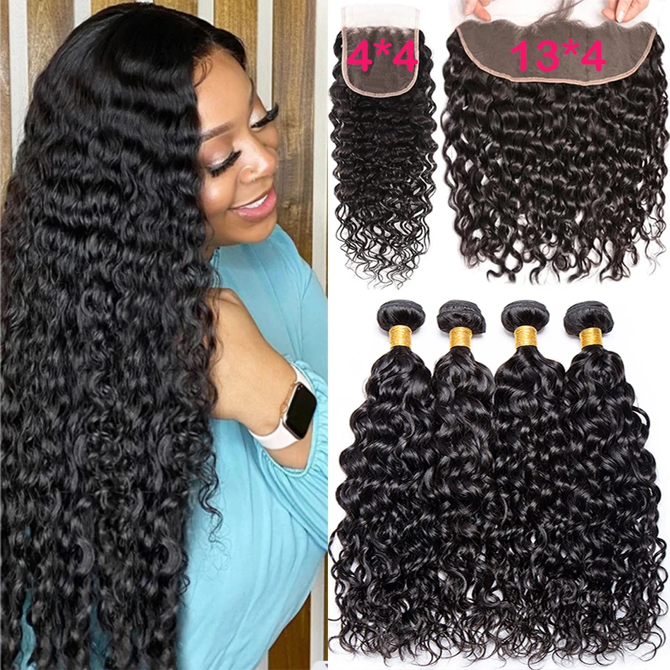 

Malaysian Water Wave Bundles with Frontal 13x4 Ear to Ear Lace Frontal with Bundles Wet and Wavy Human Hair Bundles with Frontal