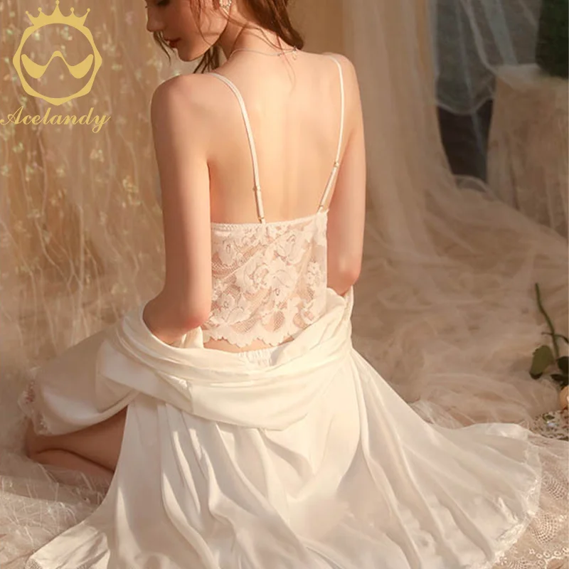 ACELANDY-Rayon 3-Piece Pajama Set Bathrobe Lace Top Bra And Sexy Shorts Loungewear Set Comfortable High Grade Women Sleepwear