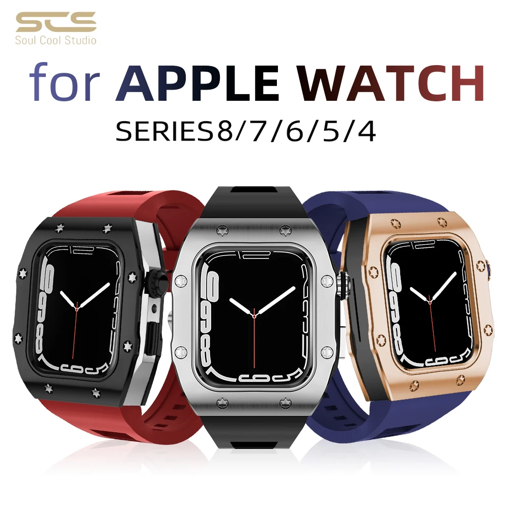 Stainless Case Strap Accessories For iWatch Series 8 7 6 5 4 SE  For Apple Watch 45MM 44mm Luxury Metal Protection Retrofit Kit