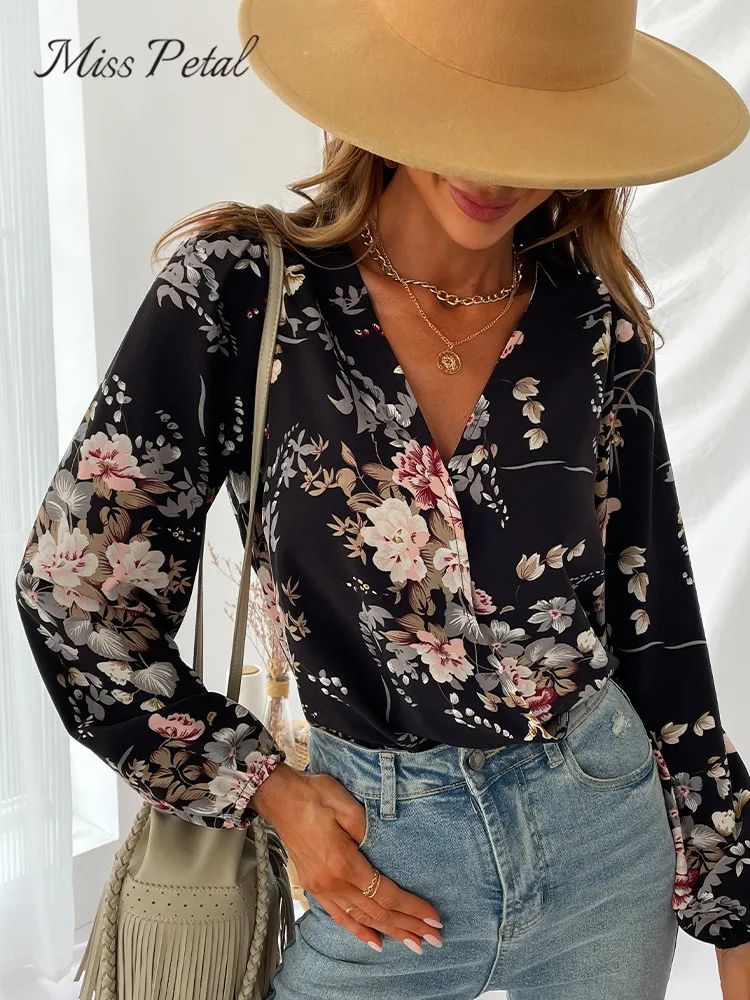 

MISS PETAL V-neck Floral Bodysuit For Woman Sexy Long Sleeve Bodysuit Jumpsuits 2022 Female Spring Autumn Rompers Streetwear