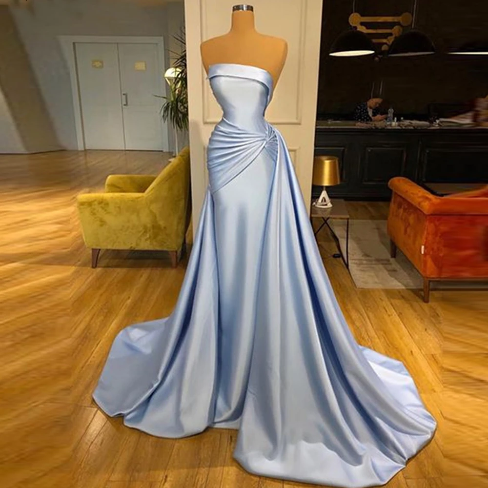 

Blue Satin 2022 Evening Dresses Strapless Party Dresses Robes De Soirée Elegant For Women Sleeveless Wedding Guest Party Gowns