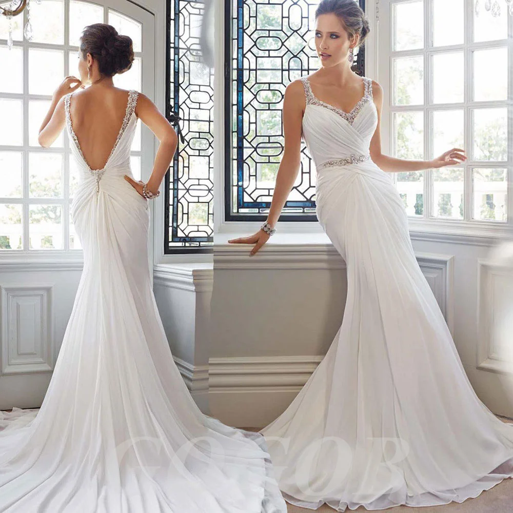 

GOGOB New European and American R124 Retro Sexy Mermaid Wedding Dress Deep V Diamond Ornament Small Trailing Chiffon Bridal Gown