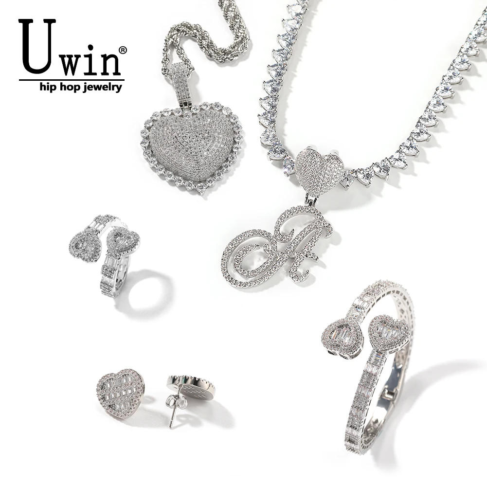 UWIN Heart Baguette Bangle Ring Earing Pendant Tennis Chain Jewelry Set Iced Out Cubic Zirconia Romantic Holiday Gifts For Women