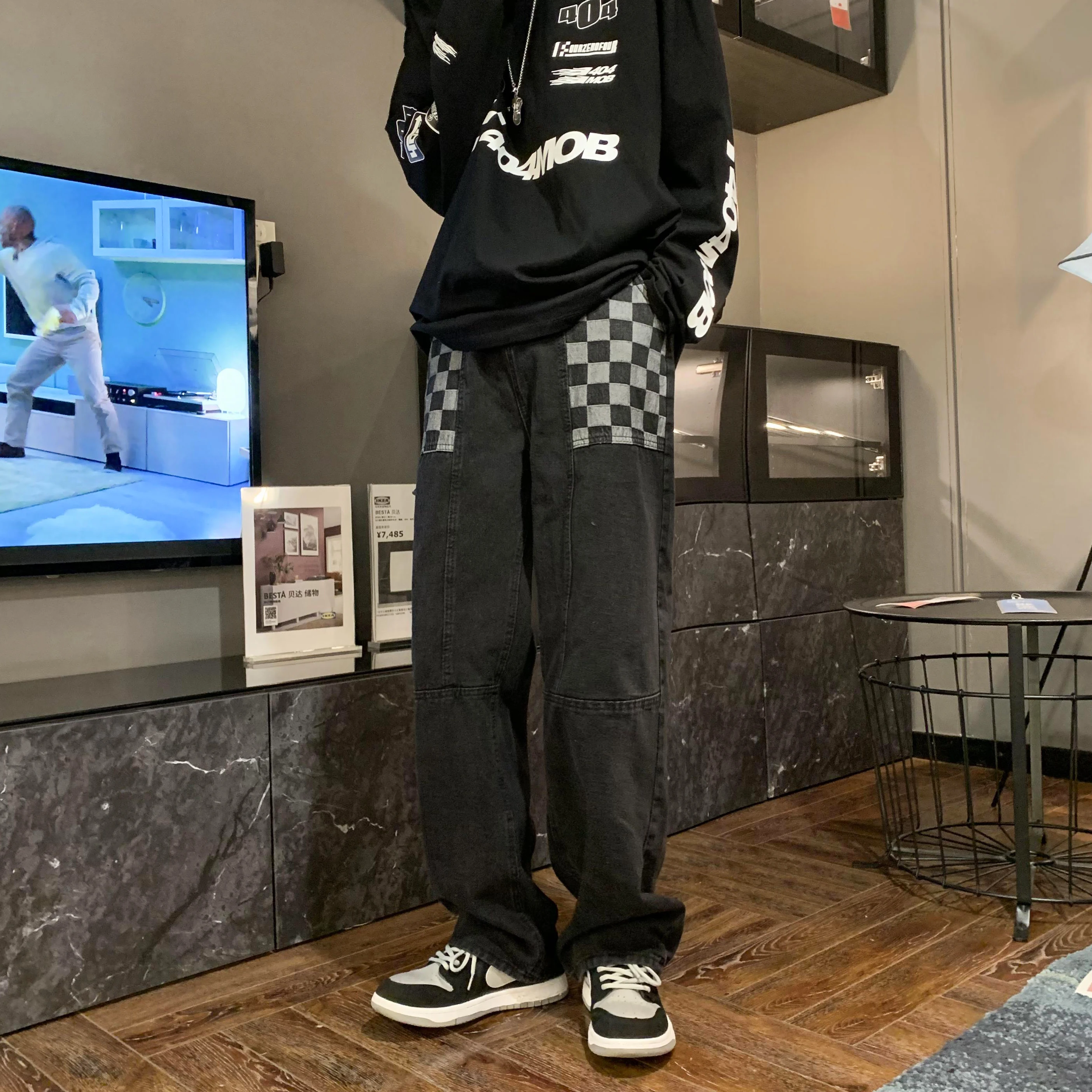 Retro Printed Denim Trousers Men's High Street Wide Leg Pants Street Loose Casual Jeans