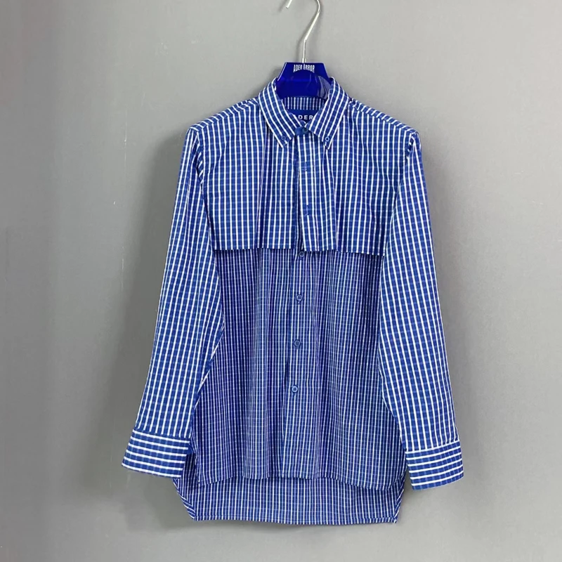 

Oversize Ader Error Stripe Long Shirt Patchwork Half Laminate Button Blouse Men Women Streetwear V Shape Shirts Z-Stitch