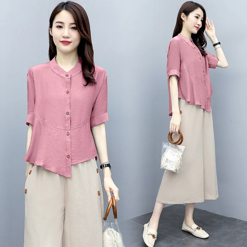 2022 new Pink Linen Trouser Suits Women Loose Short Sleeve Single Breasted Long Shirts Casual Wide Leg Pants Set Woman 2 Pieces