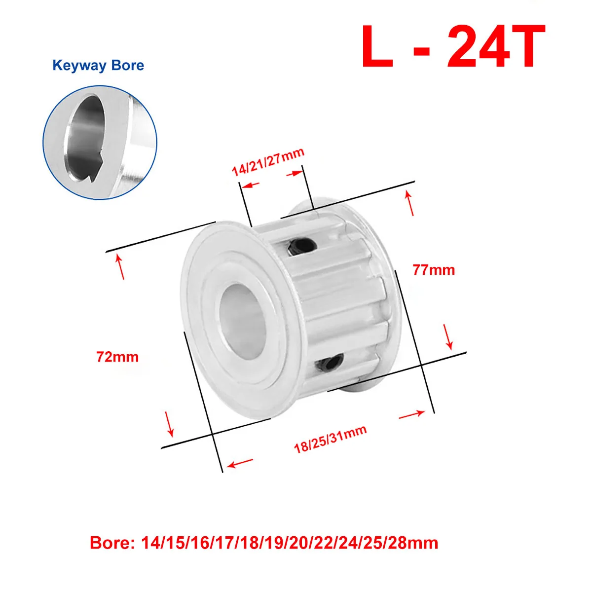 

1Pcs Timing Pulley L-24T Keyway Bore 14~28mm Pitch 9.525 mm Synchronous Pulley Wheel For Width 13/20/25mm L Rubber Timing Belt
