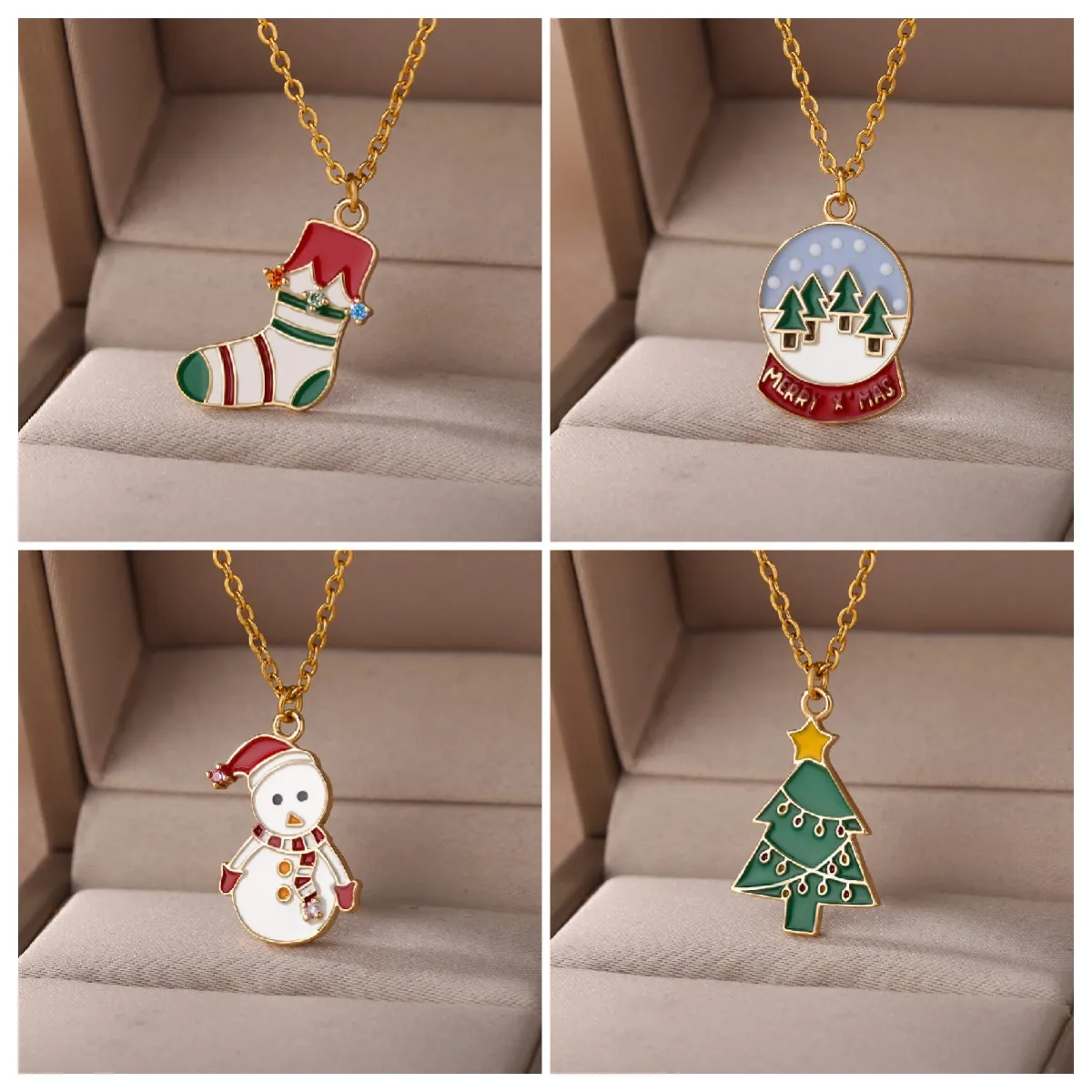 

2022 Christmas Necklace Christmas Tree Christmas Stocking Santa Pendant Snowman Necklace Dripping Process Jewelry Dropshipping