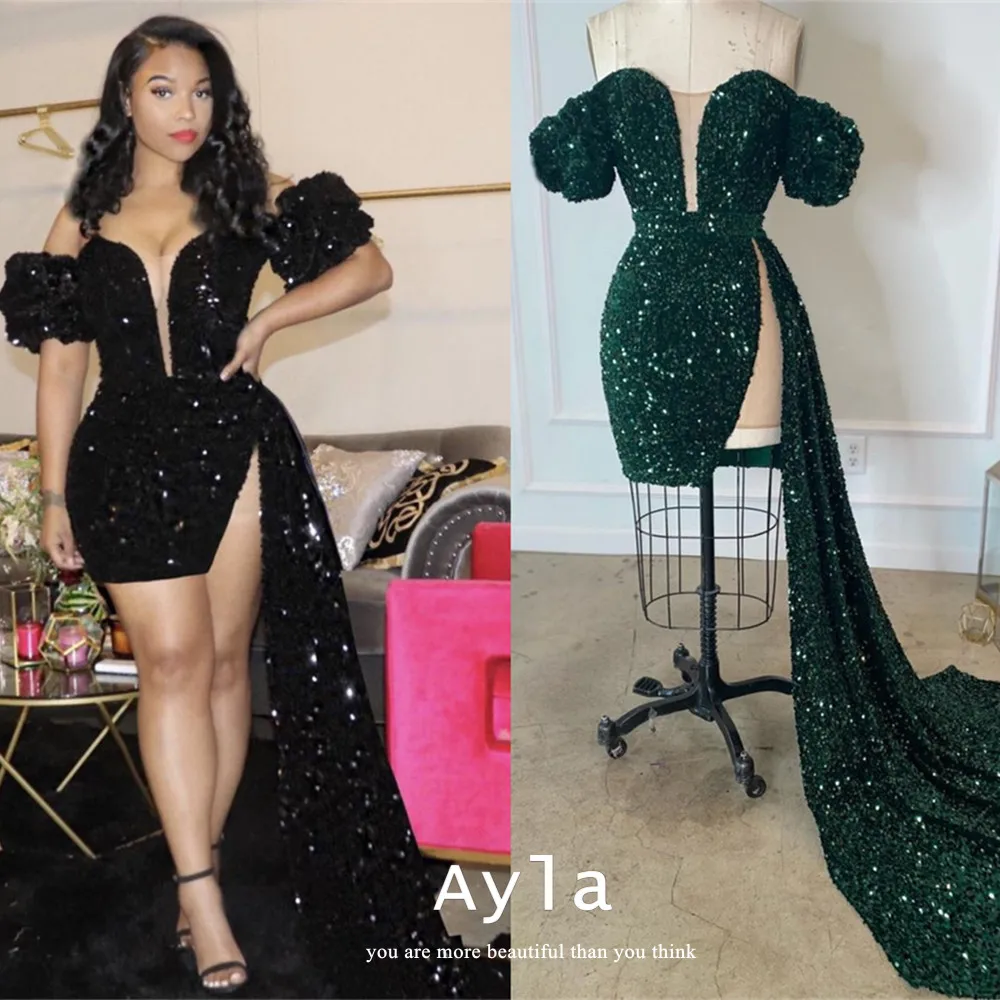 

Glitter Mini Ball Gown Prom Gowns Sequins Puffy Sleeves Robes De Soirée Sexy Vestidos De Noche Flash فساتين السهرة