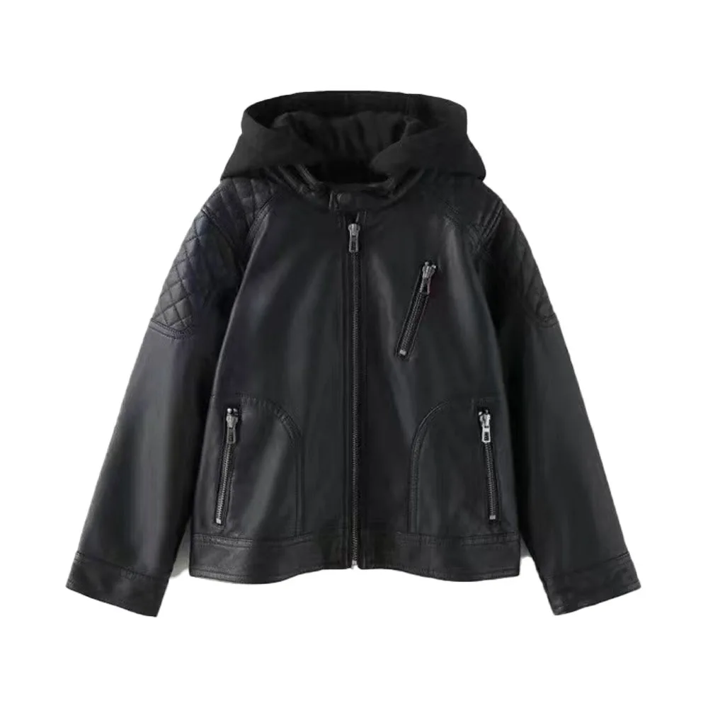 

Zach AiIsa counter quality autumn new boys fashion hooded detachable long-sleeved motorcycle faux leather jacket coat top