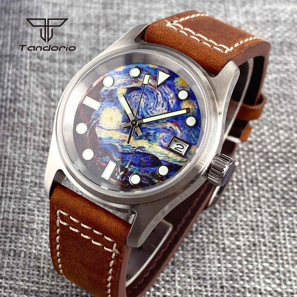 Фото Tandorio Pilot Style NH35 Starry Sky Dial Автоматические часы для погружения 36 мм Мужские часы 20 атм Дата Полностью светящиеся механические наручные часы Кожаные №3