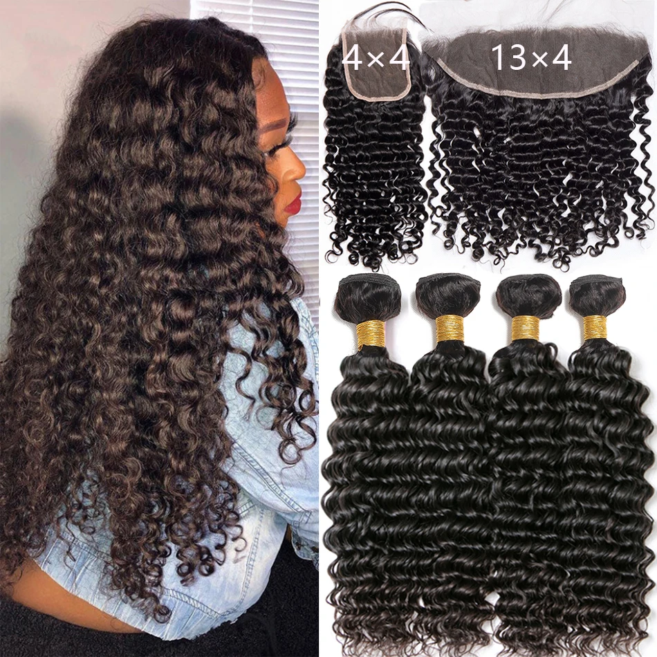 12A Deep Wave Bundles With Closure Frontal Ear to Ear 100% Remy Human Hair Weave Deep Water Wave Curly Hair Extexsions Malaysian