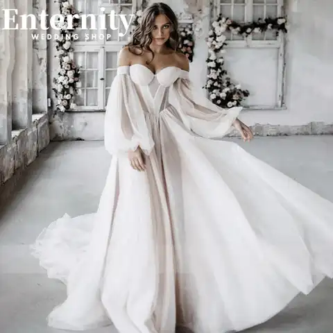 Princess Off The Shoulder Wedding Dress A Line 3/4 Puff Sleeve For Women 2022 Bride Bow Back Robe De Soirée De Mariage Custom