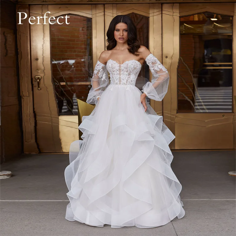 

PERFECT Elegant Princess Tulle Removable Long Sleeve Wedding Dress Strapless Button Back Applique A Line Robe De Mariee