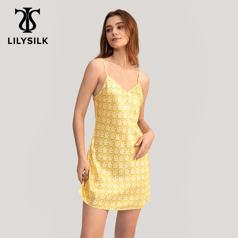 

LILYSILK New Monogram Print Silk Satin Bias Nightgown Women V Neck Golden Lily Sundress Femme Sling Night Wearing Free Shipping