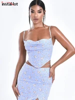 instahot summer sexy women spaghetti strap tube crop top floral print folds irregular backless slim camis casual sleeveless tops