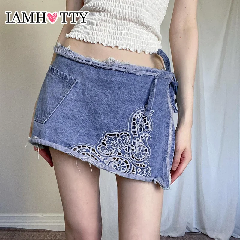 

Шорты IAMHOTTY Y2K с цветочным принтом, ажурные мини-джинсовые юбки с завышенной талией, повседневные рваные джинсовые юбки с зауженными ушками в стиле Харадзюку