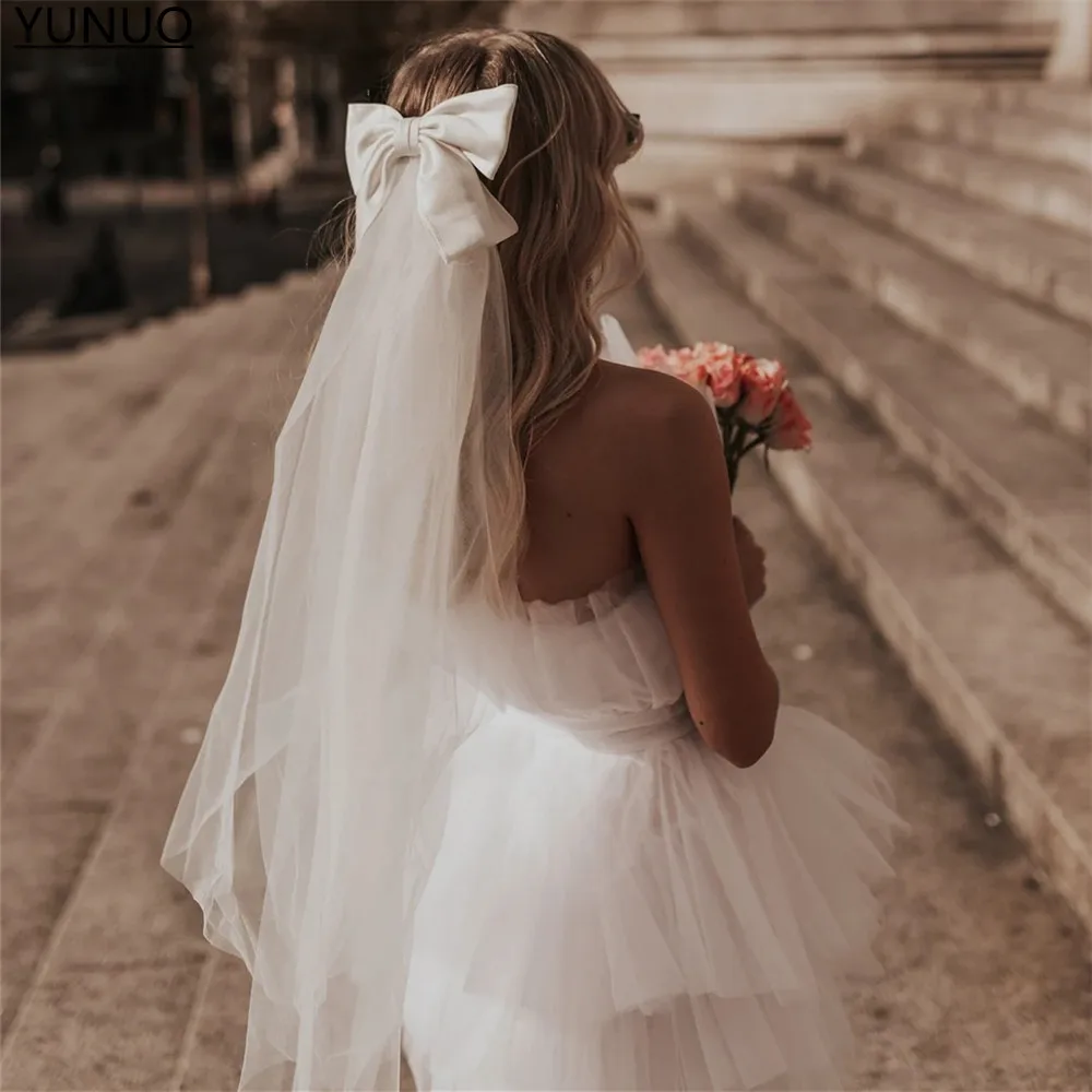 

YUNUO Tulle Wedding Bridal Bow Veil Simple White/Ivory One Layer Velos de Noiva Party Veil Elbow Length