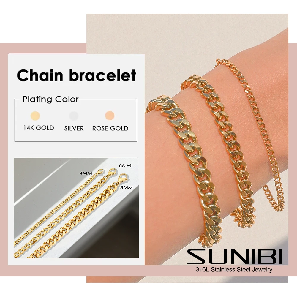 

Браслеты SUNIBI из нержавеющей стали для мужчин и женщин, подвески из кубинской цепи 4 мм/6 мм/8 мм, бижутерия, оптовая продажа/Прямая поставка