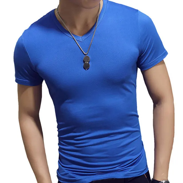 

Camiseta de manga corta con cuello en V para hombre, ropa informal de verano para gimnasio, ajustada, de poliéster, talla grande