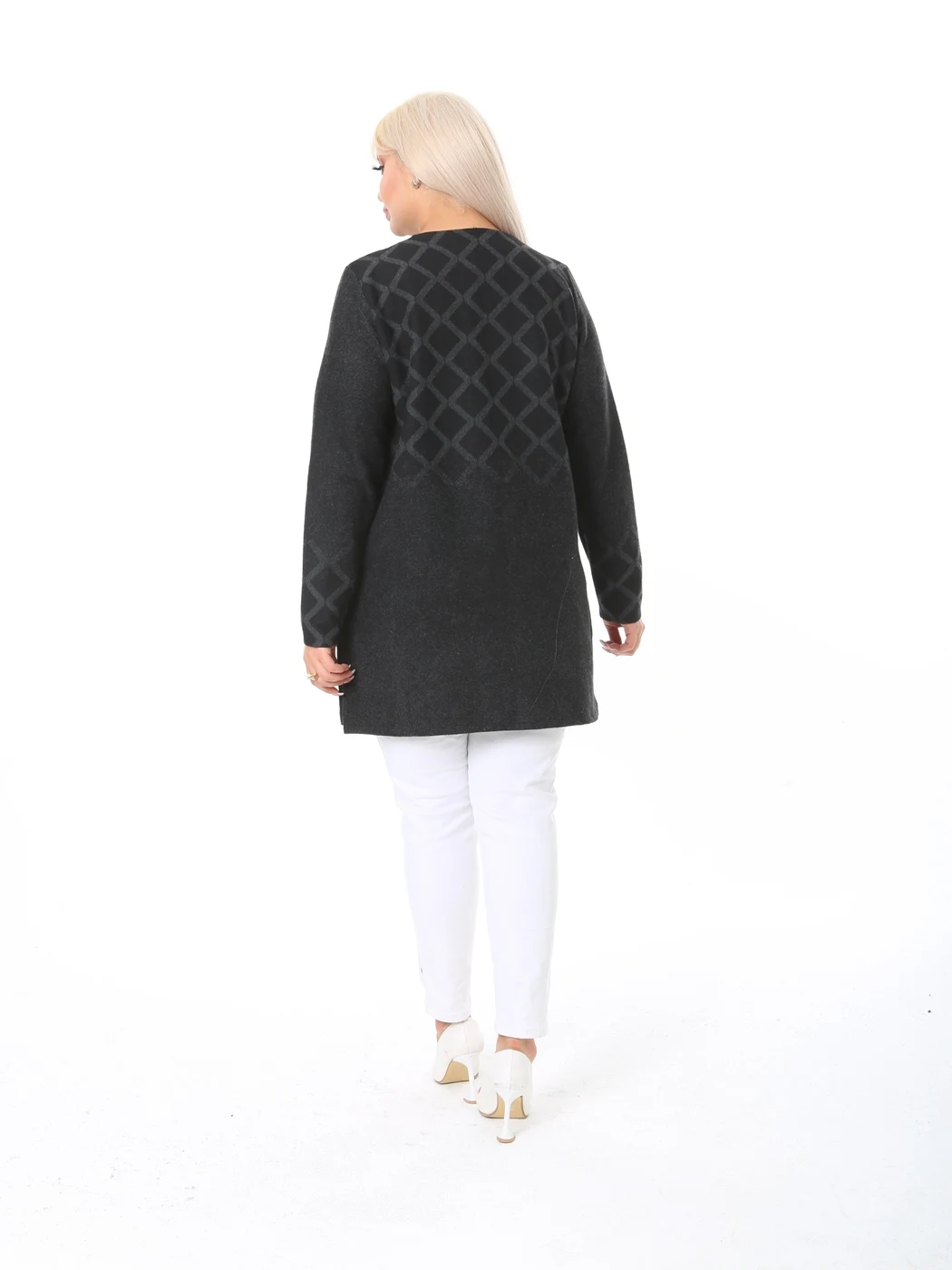 Plus Size Woman Cardigan Short 2022 Outwear Autumn Spring Square Pattern Cotton V-Neck Open Stitch XL 2XL 3XL 4XL Made in Turkey