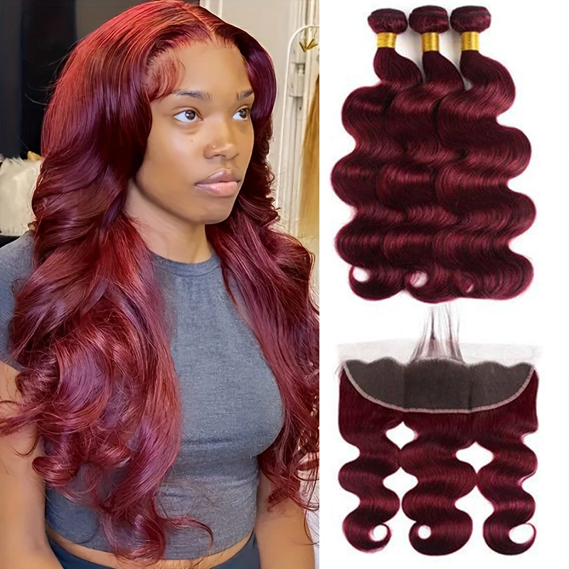 99J Burgundy Body Wave Bundle With Frontal Ombre Red Colored 2/3/4 Bundles 13x4 Closure Brazilian Human Hair Weave