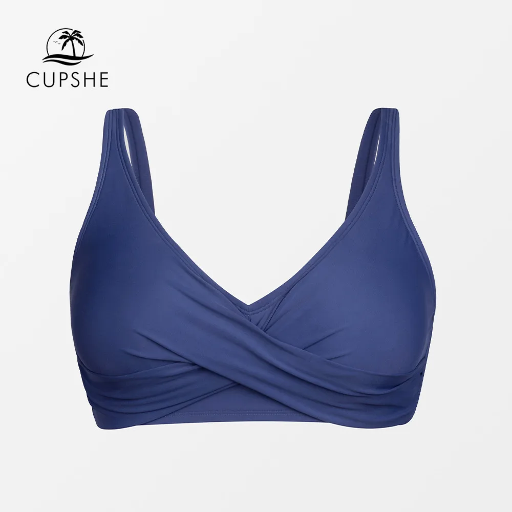 

CUPSHE Plus Size Blue V-neck Twist Bikini Top Only For Women Large Size Sexy Lace Up Top 2022 Beach Separate Swimsuit Bra Top