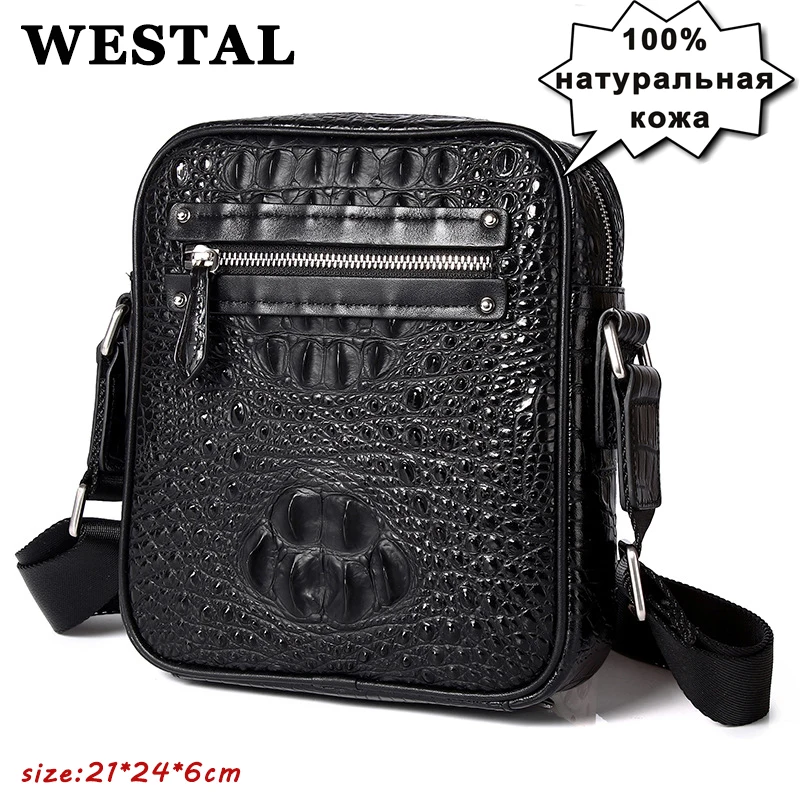 WESTAL Genuine Leather Men’s Bag Crocodile Pattern Shoulder Messenger Bag Handbag Side Pack Business Casual Male Crossbody Bag