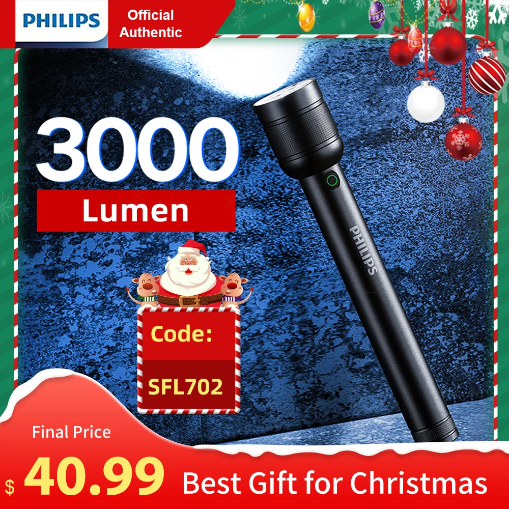 Philips Bright Flashlight 3000 Lumen Rechargeable Flashlights with 6000mAh Battery IP55 Waterproof Camping Light for Outdoors