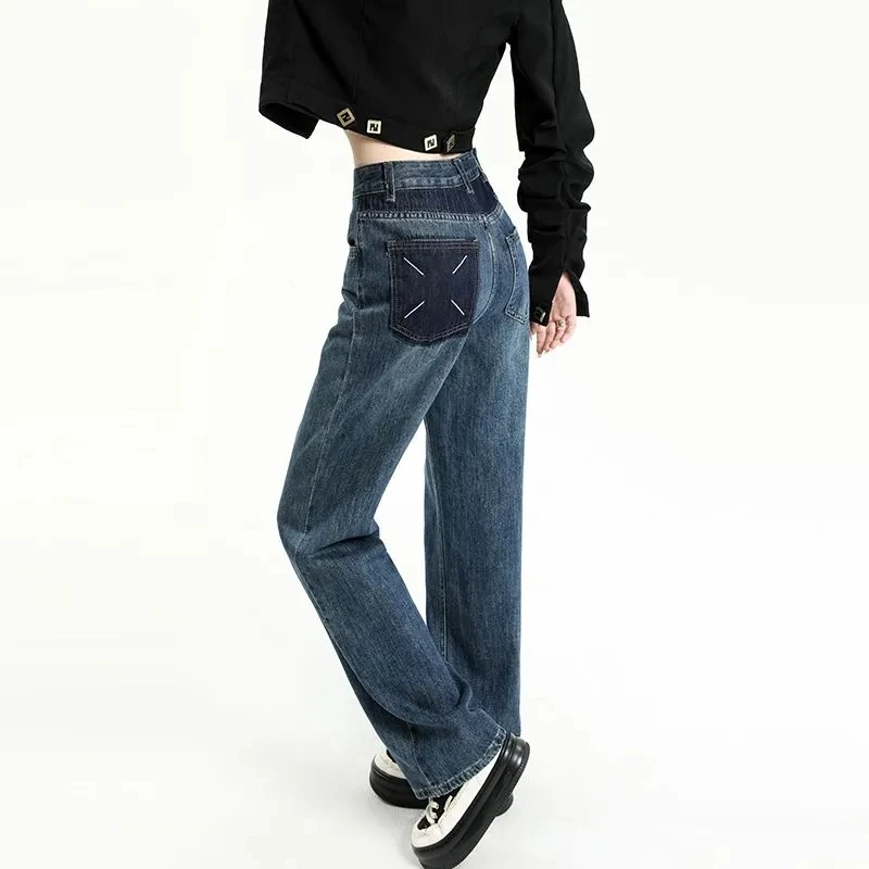 Vintage Blue High Waist Women Jeans Gradient American Fashion Streetwear Wide Leg Jean Female Denim Trouser Baggy Denim Pants