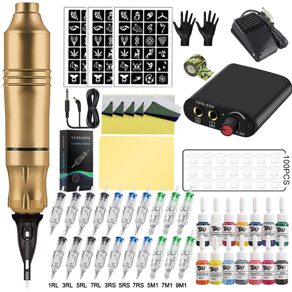 Complete Tattoo Machine Pen Kits Power Supply Rotary Gun With 20pcs Cartridges Needles Permanent Makeup Machine for Tattoo Artis