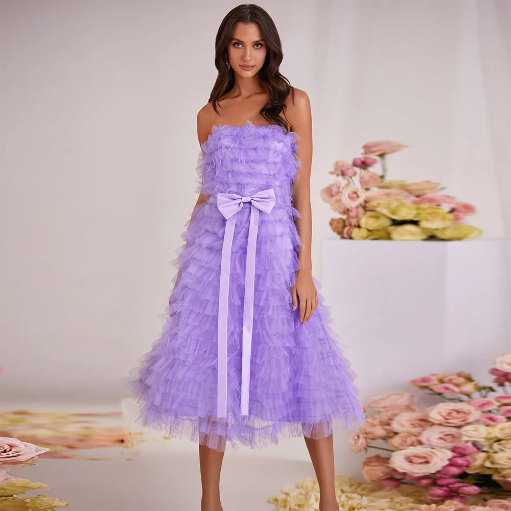 

Elegant Purple Short Cocktail Dresses Off Shoulder Multilayer Tulle Bow Blet Mermaid Tea Length Backless Formal Prom Party Gowns