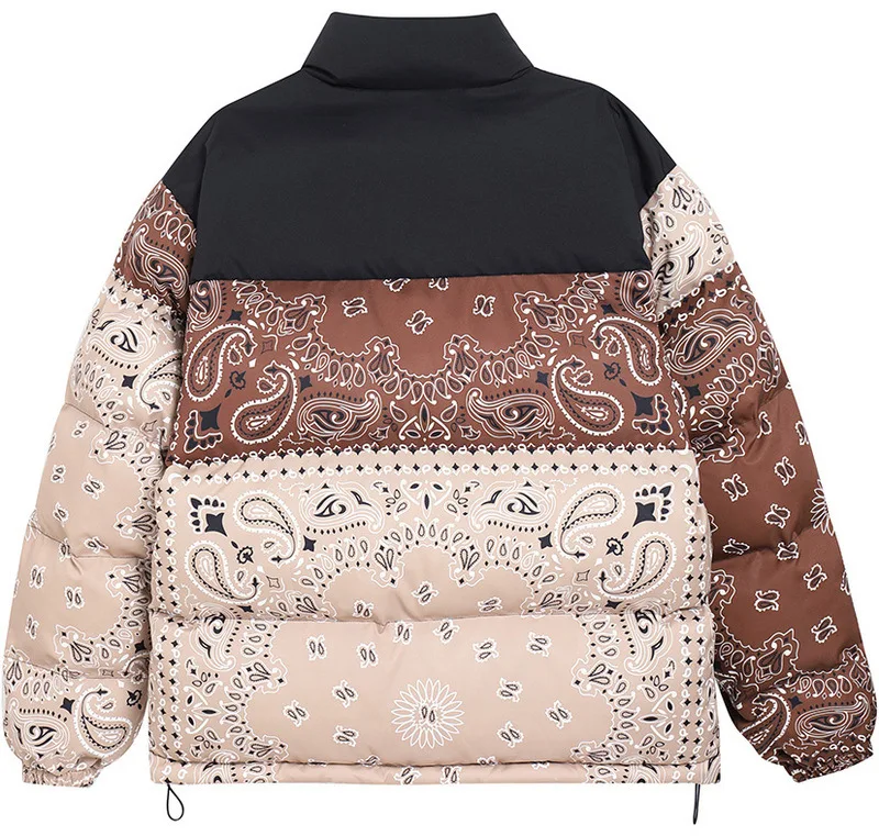Fashion High Street Winter New Men'S Cotton-Padded Jacket Youth Cashew Flower Print Contrasting Color Thickened Zip Jacket