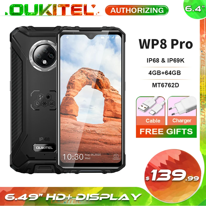 

OUKITEL WP8 Pro 6.49'' HD+ Display NFC 4GB 64GB IP68 Waterproof Rugged Smartphone MT6762D Octa Core Android 10.0 Mobile Phone