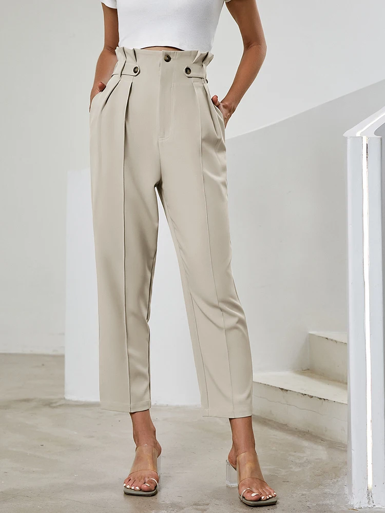 

BerryGo 2022 Autumn Winter Grey Plicated Detail Straight Leg Pants Women Fashion Slant Pocket Waist Ruffles Office Belted Pants
