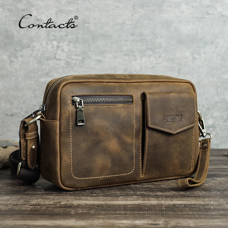 CONTACT'S Crazy Horse Leather Men Messenger Bag Casual Handbag Designer Travel Cowhide Male Shoulder Crossbody Bags New Trend
