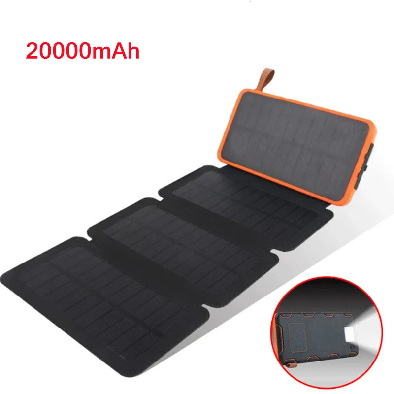 

20000mah Power Bank Solar Fast Charging LED Light Portable Phone Charger External Battery Waterproof 3 Solar Panel Charge