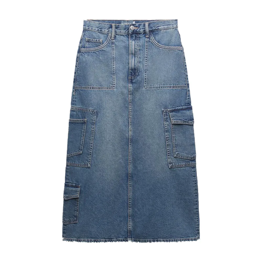 

Zach AiIsa new women's fashion retro high waist loose straight casual pocket decoration denim long skirt