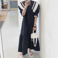 clothland women elegant polko dot dress ruffles short sleeve straight summer one piece casual midi dresses vestido qb99
