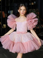gardenwed puffy girl dress pink glitter flower girl dress ruffles sleeves princess dress first communion dress baby girl dress