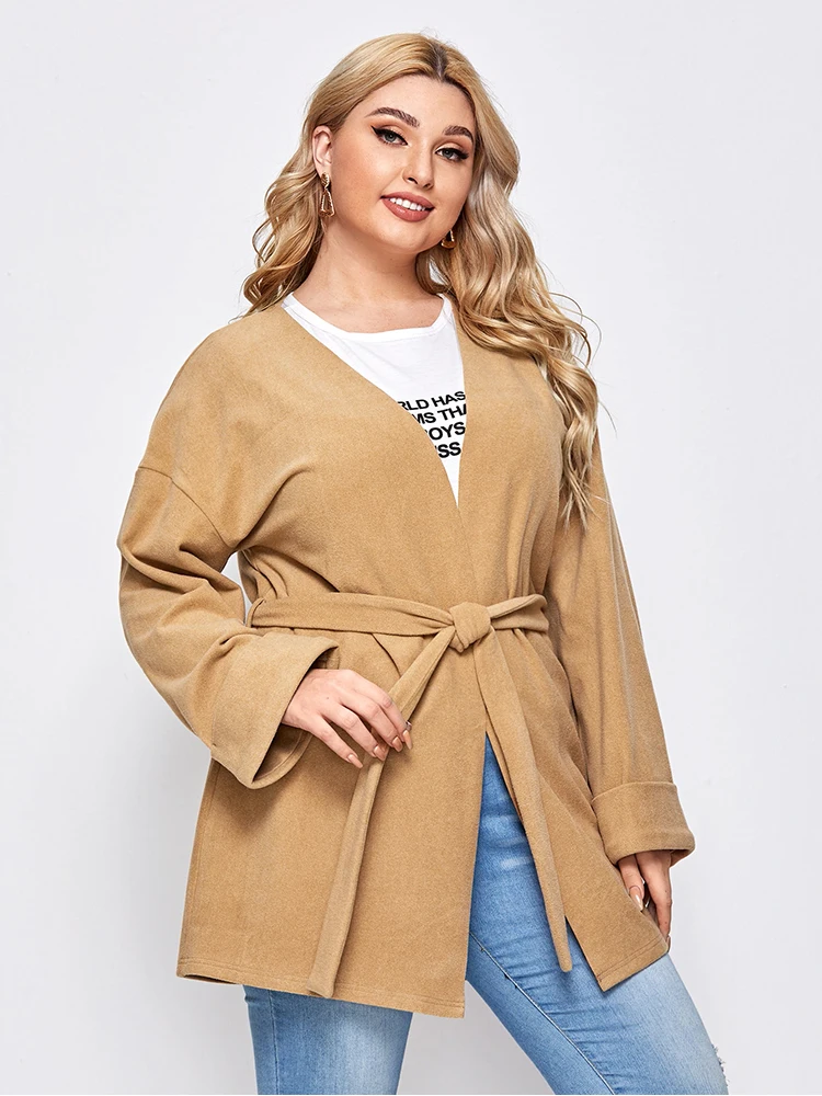 Add Elegant 2022 Autumn Plus Size Coats for Women V Neck Solid Waist Strap Loose Female Flare Sleeve Casual Straight Jacket B111