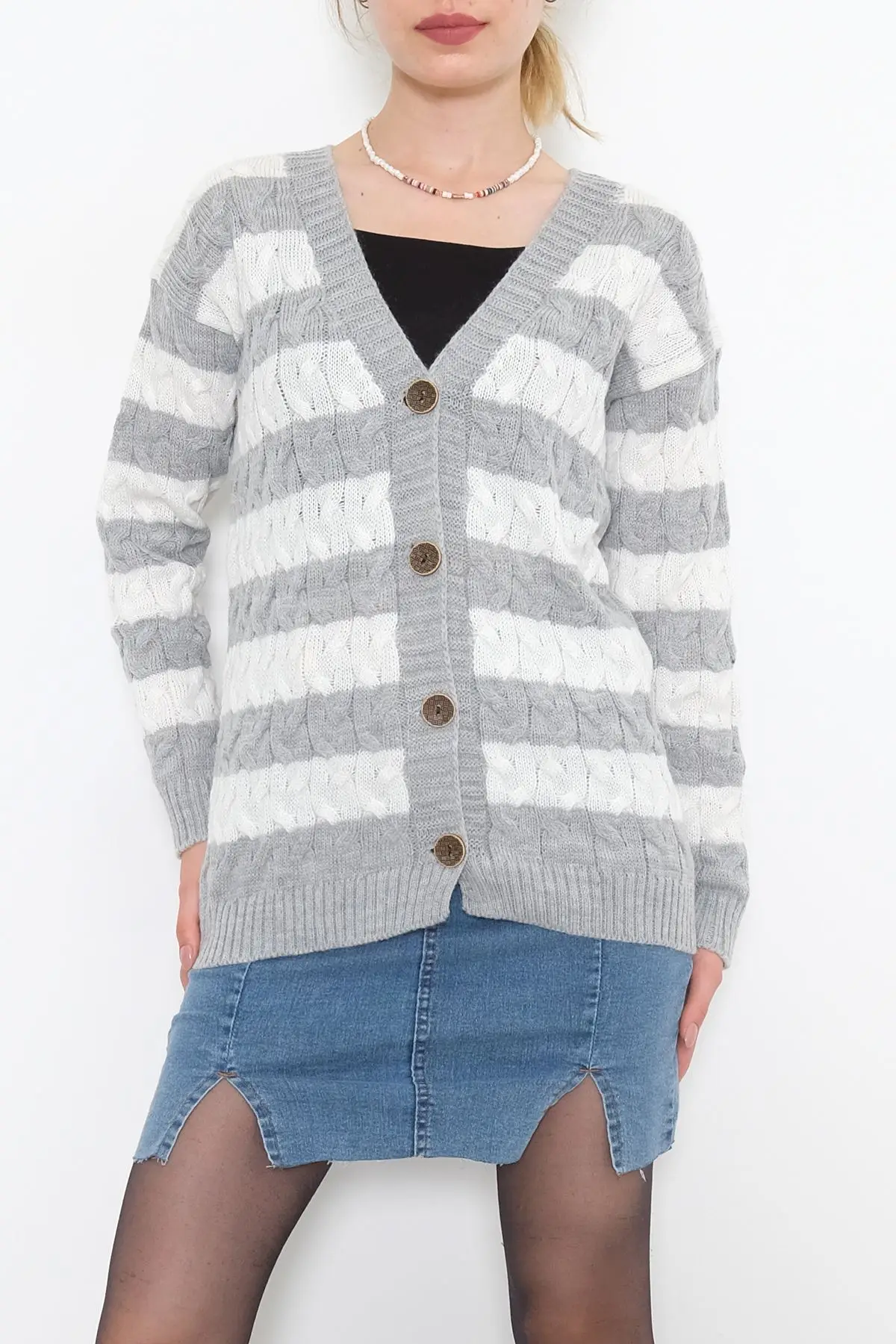 

Women's Gray-White Striped Button Long Sleeve Cardigan Winter Autumn New Season Free Shipping
