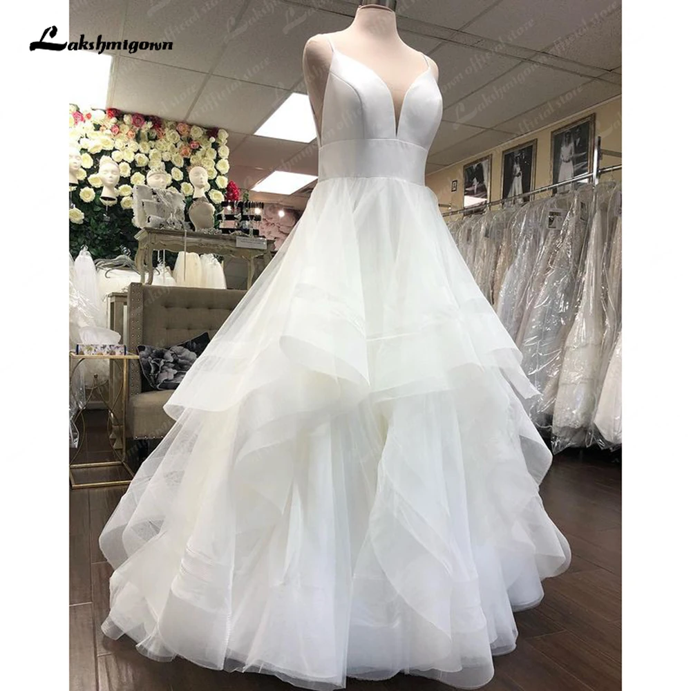

Lakshmigown Spaghetti Straps Princess A Line Wedding Dress with Deep V Neck Bridal Reception Gown vestido de noiva princesa