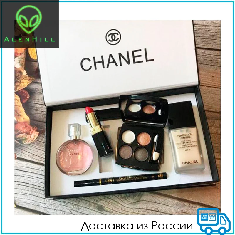 Подарочный набор косметики CHANEL 6 в 1 тушь подводка пудра яркая стойкая красная
